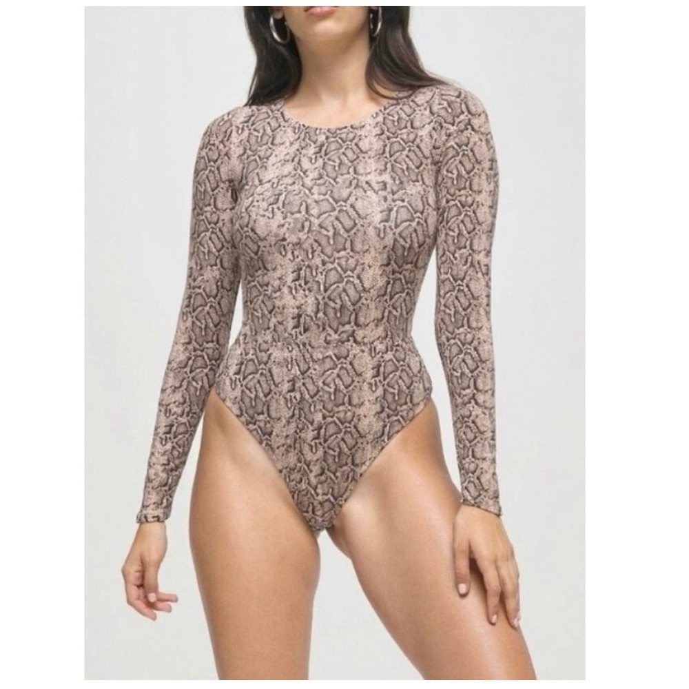 Good American Good Body Snakeskin Print BOA Long Sleeve Thong One-Piece Bodysuit